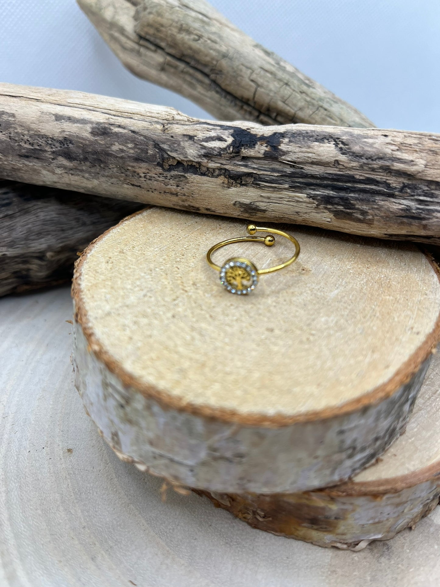 Bague fine en Acier Inoxydable ajustable Arbre de vie ornés de strass brillant - Doré