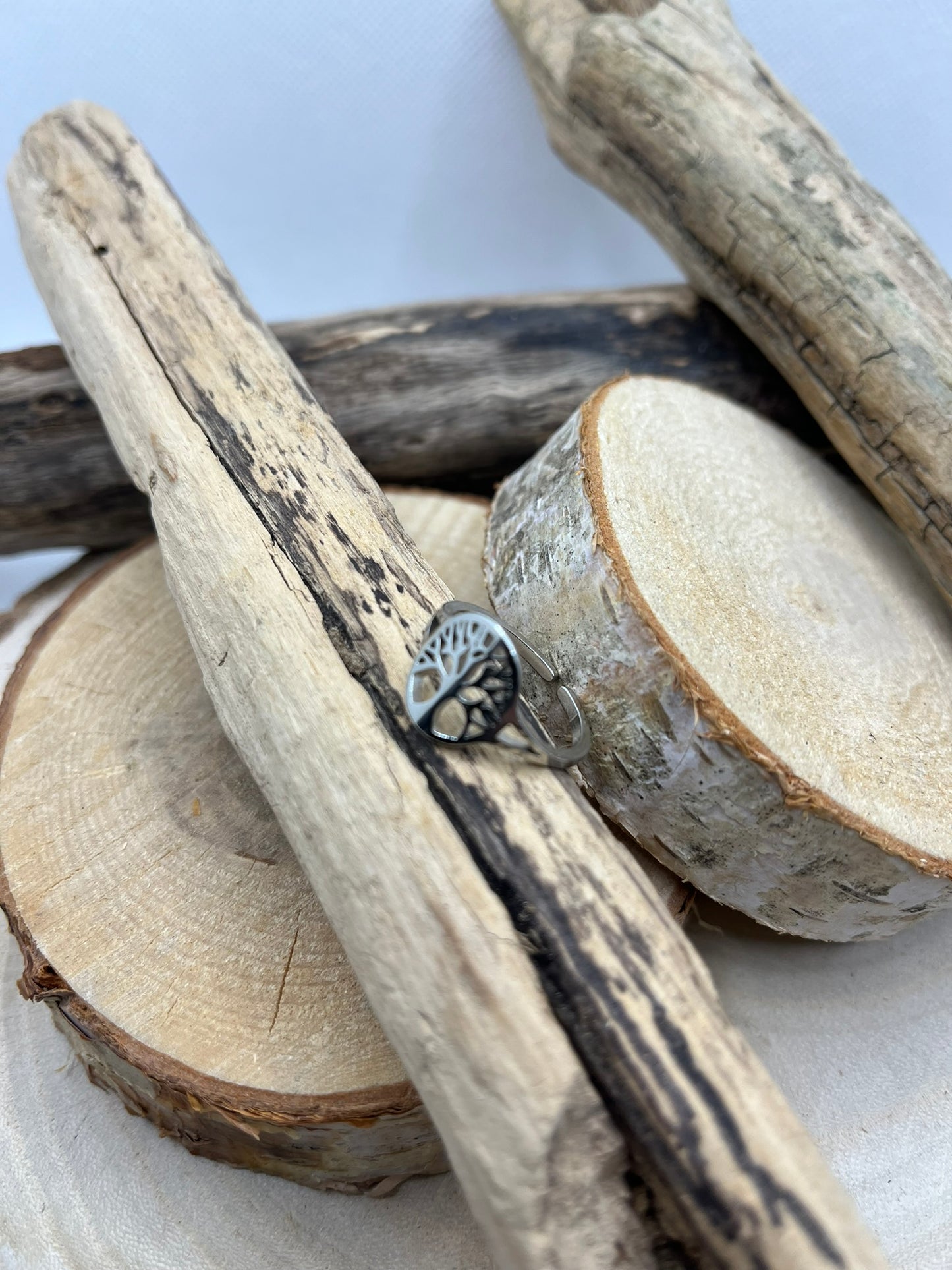 Bague fine en Acier inoxydable ajustable Orné d'un Arbre de Vie stylé - Argenté