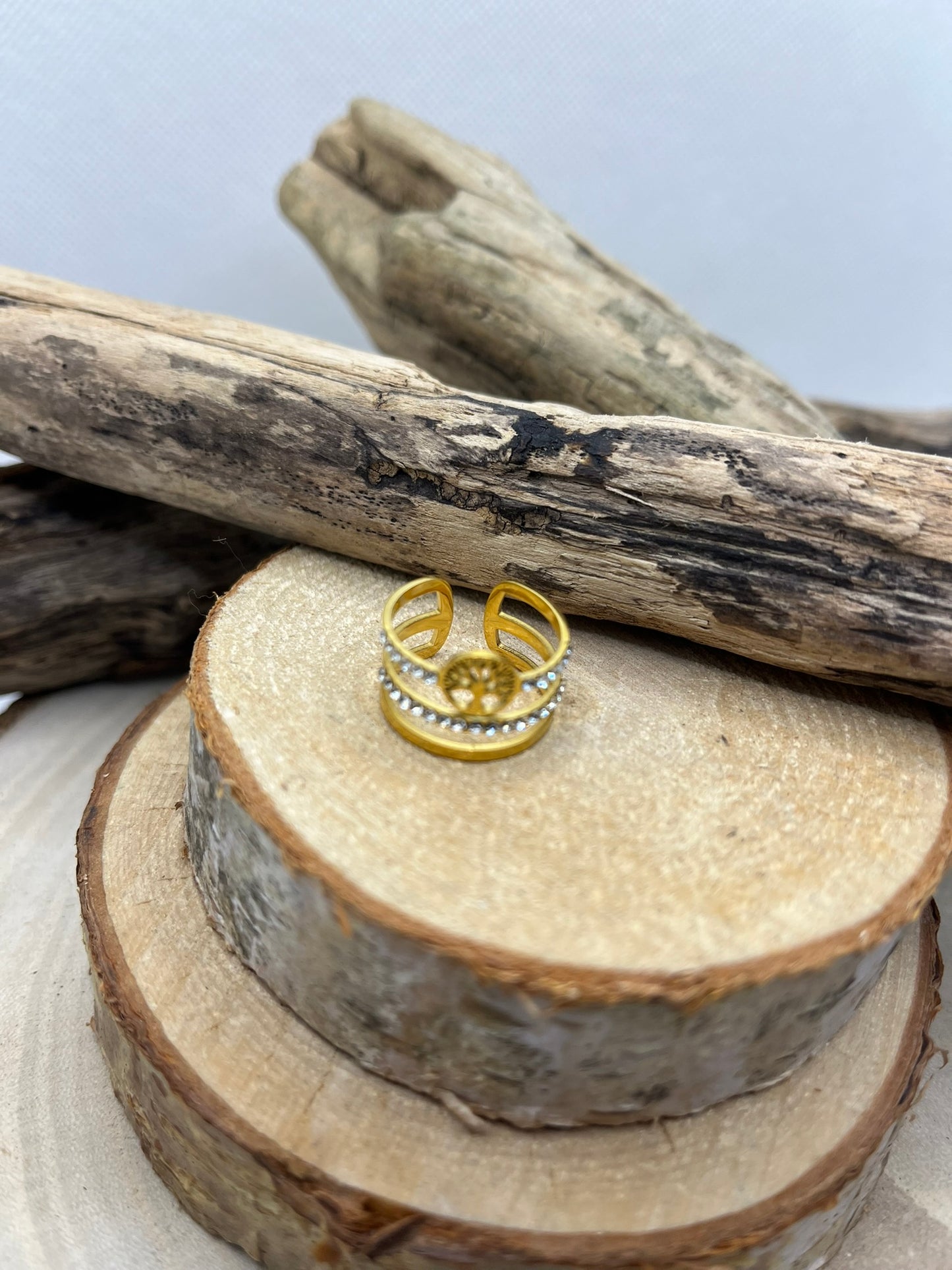 Bague en Acier inoxydable ajustable mode Chic Arbre de vie et des strass brillant - Doré