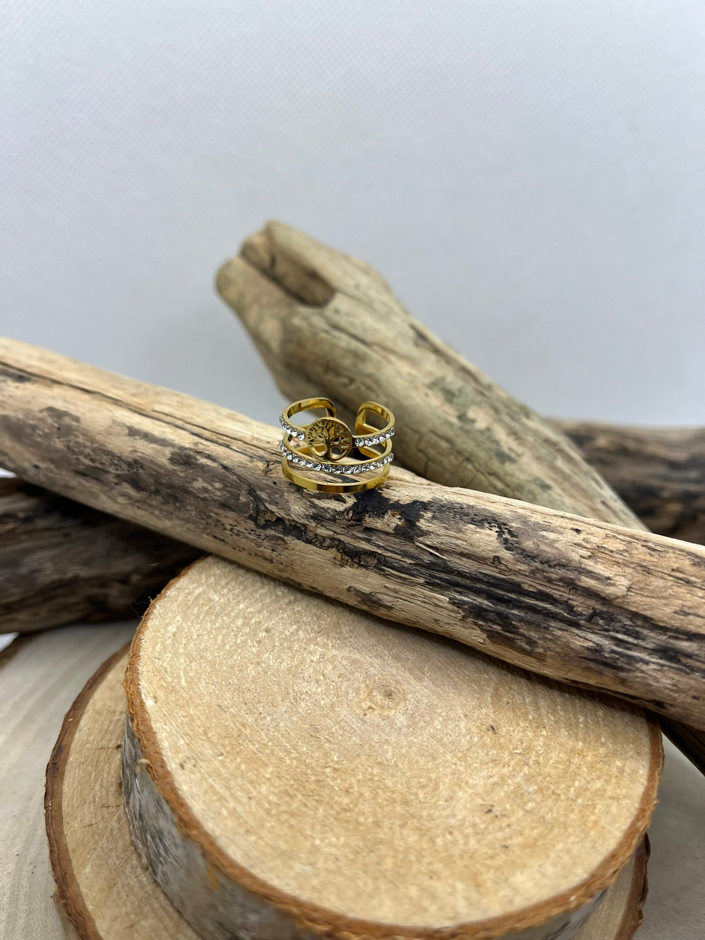 Bague en Acier inoxydable ajustable mode Chic Arbre de vie et des strass brillant - Doré
