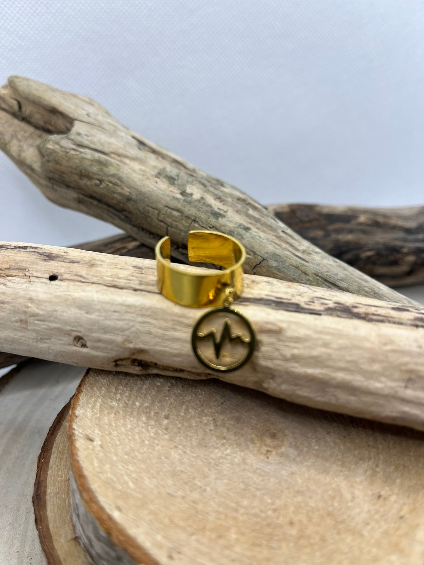 Bague Large en Acier inoxydable ajustable pendentif - Doré
