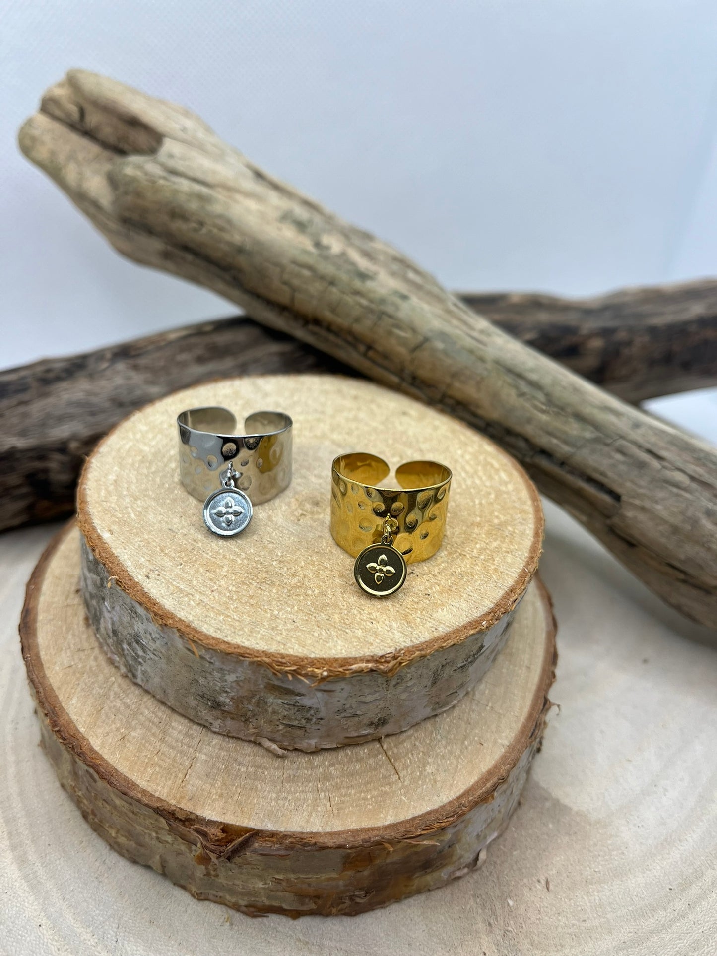 Bague Large mode en Acier inoxydable ajustable avec pendentif - Doré ou en Argenté
