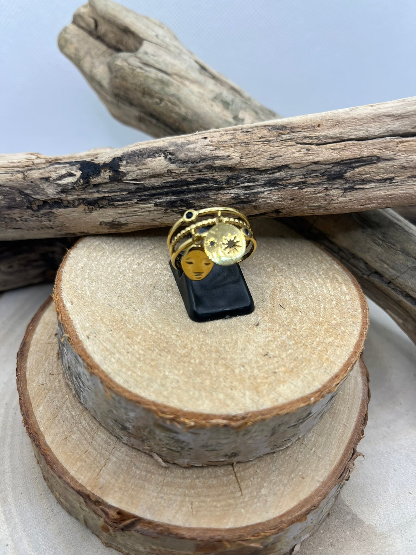 Bague élégante en Acier inoxydable ajustable mode avec 2 pendentifs chic - Doré
