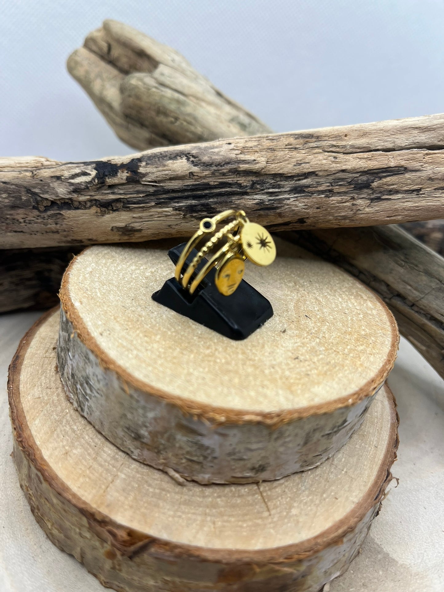 Bague élégante en Acier inoxydable ajustable mode avec 2 pendentifs chic - Doré