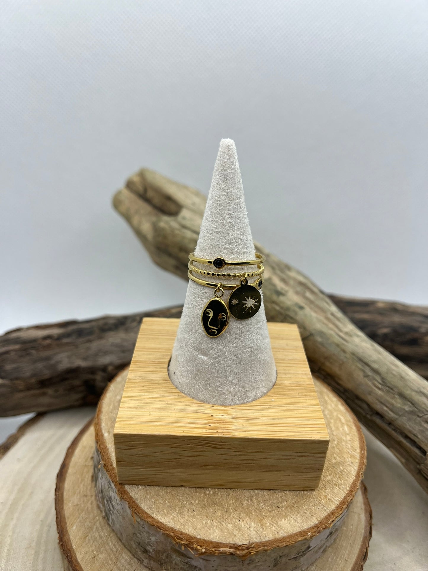 Bague élégante en Acier inoxydable ajustable mode avec 2 pendentifs chic - Doré