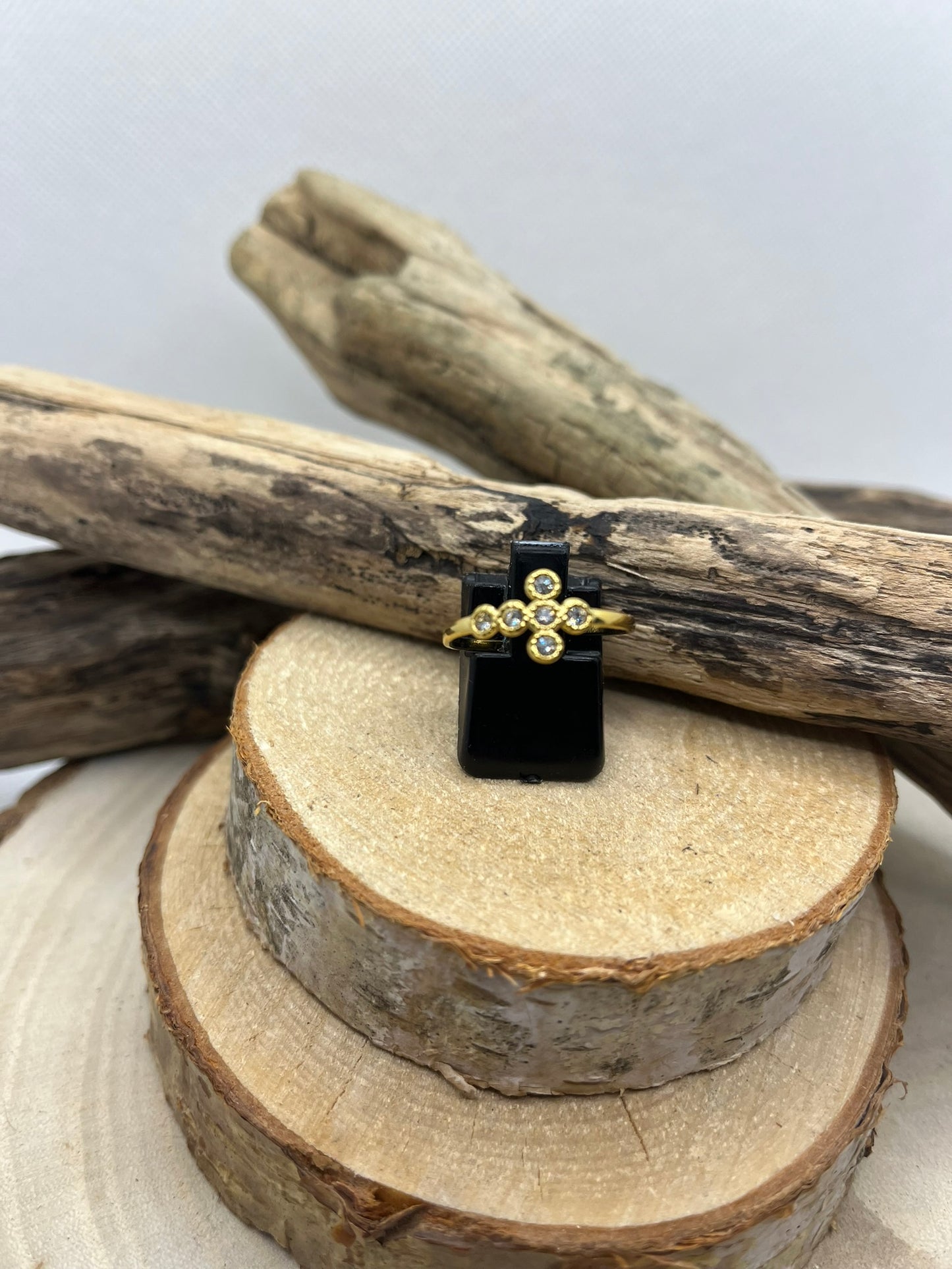 Bague en Acier inoxydable ajustable avec croix orné de strass - Doré