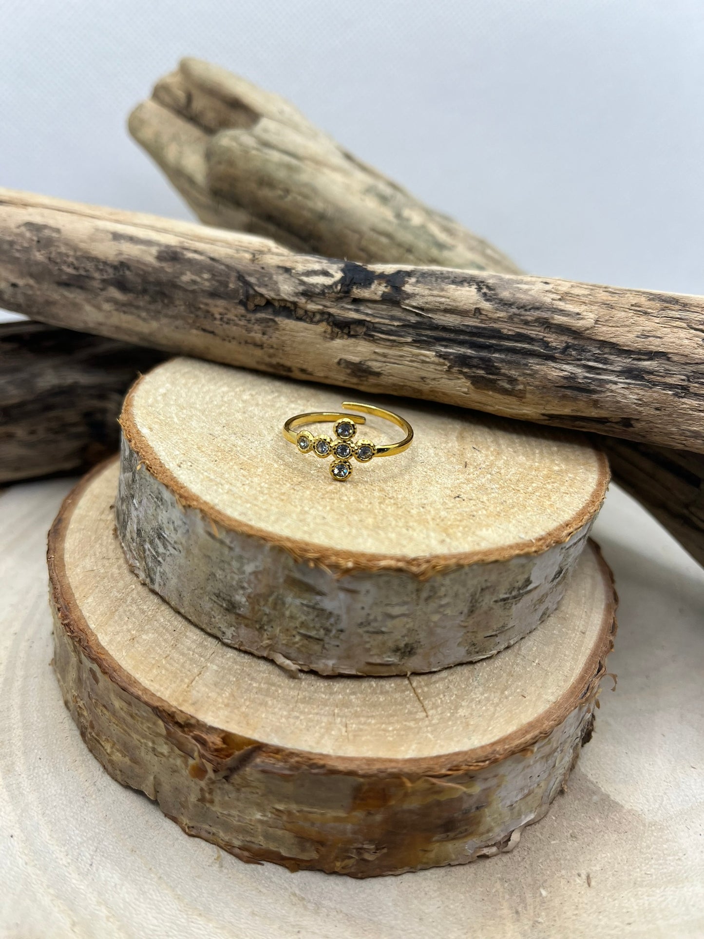 Bague en Acier inoxydable ajustable avec croix orné de strass - Doré