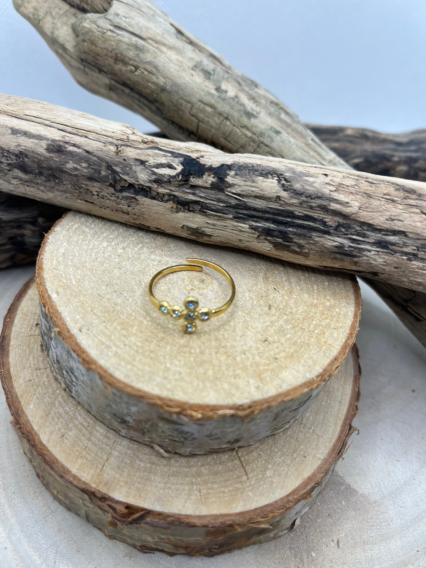 Bague en Acier inoxydable ajustable avec croix orné de strass - Doré