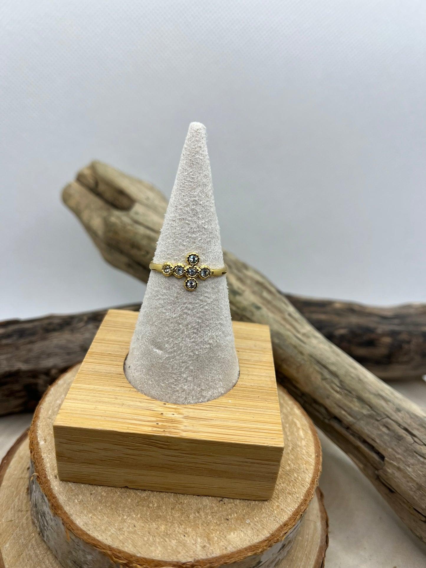 Bague en Acier inoxydable ajustable avec croix orné de strass - Doré