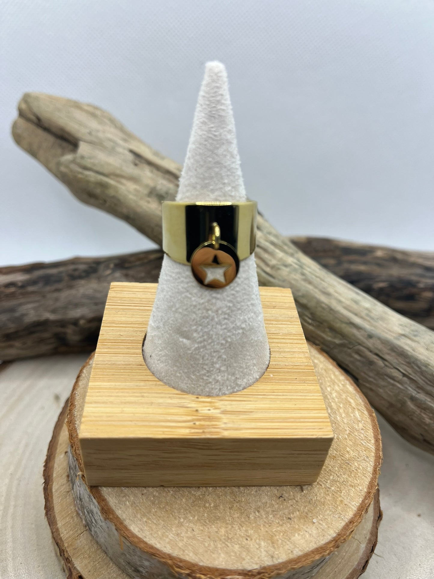 Bague Large en Acier inoxydable ajustable Mode Pendentif anneau orné d'une étoile - Doré ou Argenté