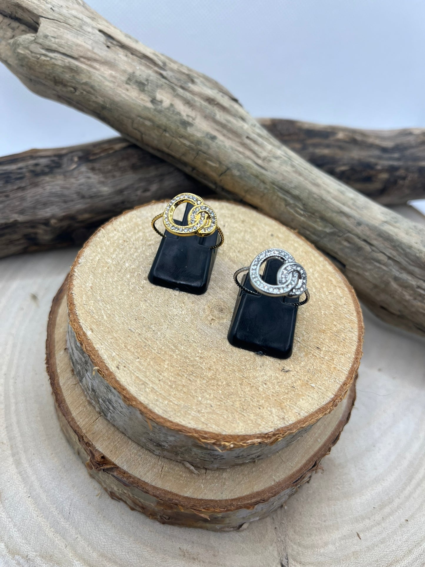 Bague en Acier inoxydable Ajustable anneaux crosés orné de strass - Doré ou en Argenté