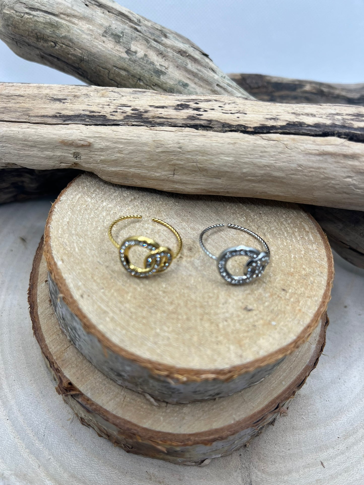 Bague en Acier inoxydable Ajustable anneaux crosés orné de strass - Doré ou en Argenté