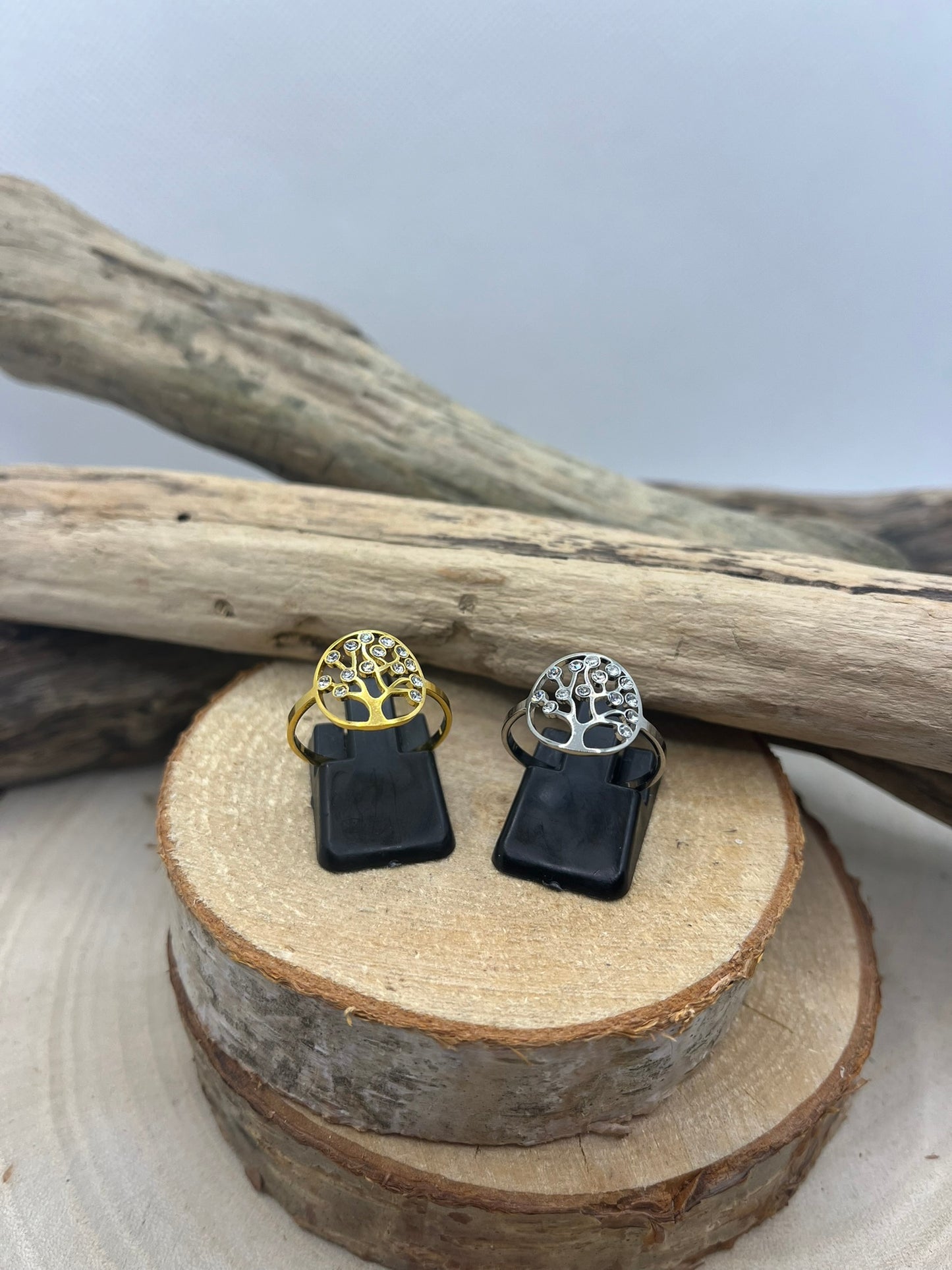 Bague en Acier inoxydable ajustable fine Arbre de Vie ornés de strass - Doré ou en Argenté