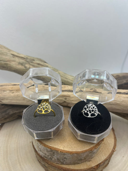 Bague en Acier inoxydable ajustable fine Arbre de Vie ornés de strass - Doré ou en Argenté
