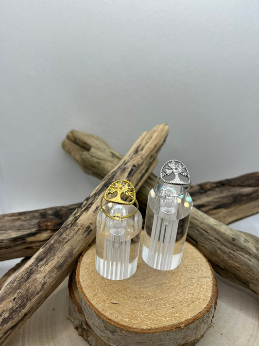 Bague en acier inoxydable fine avec arbre de vie tendance couleur doré ou en Argenté Orné de strassajustable à la mode