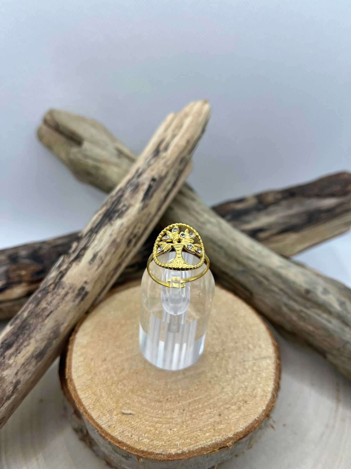 Bague en acier inoxydable fine avec arbre de vie tendance couleur doré ou en Argenté Orné de strassajustable à la mode