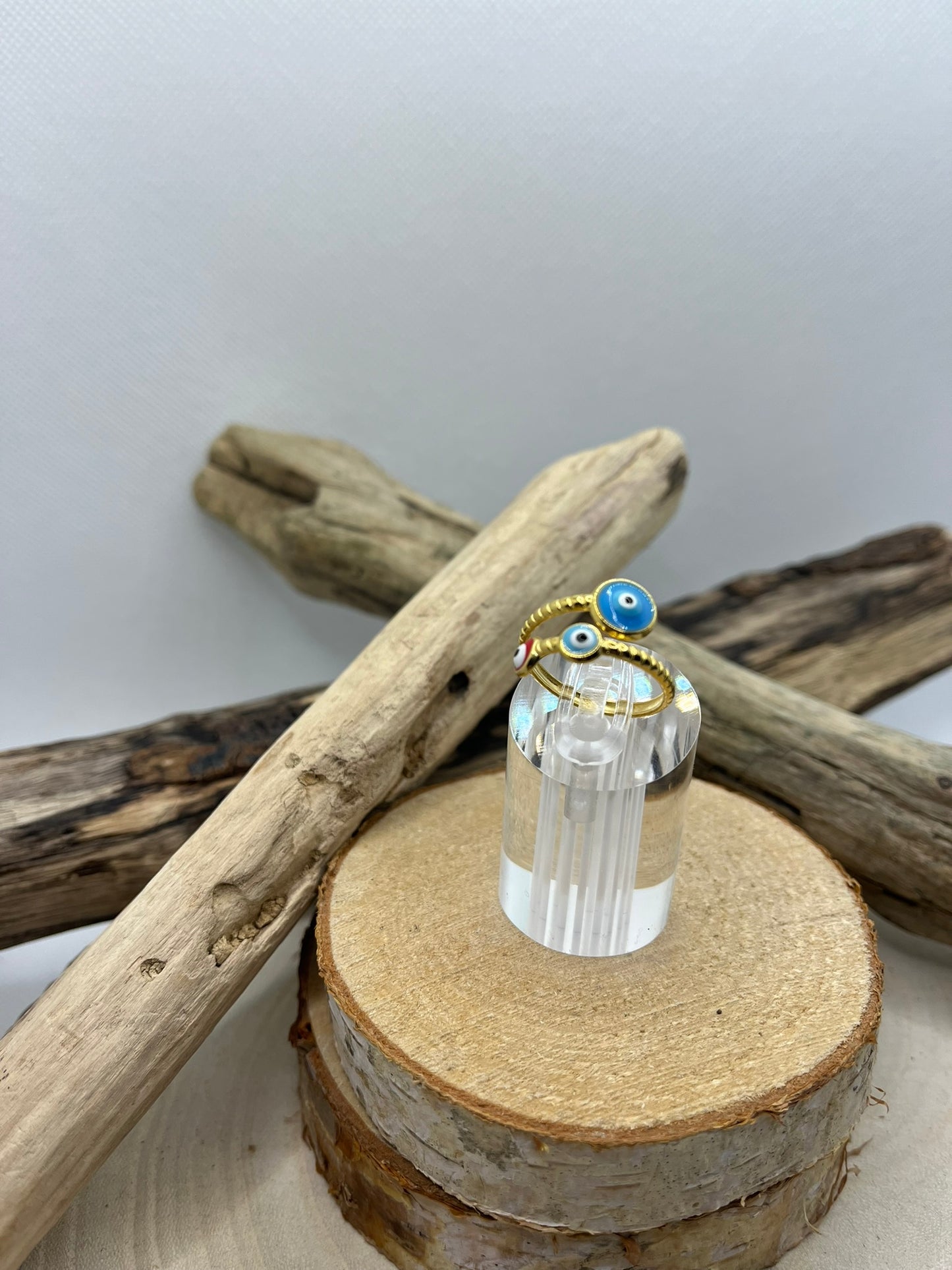 Bague Acier Inoxydable Ajustable - Oeil Rouge et Bleu