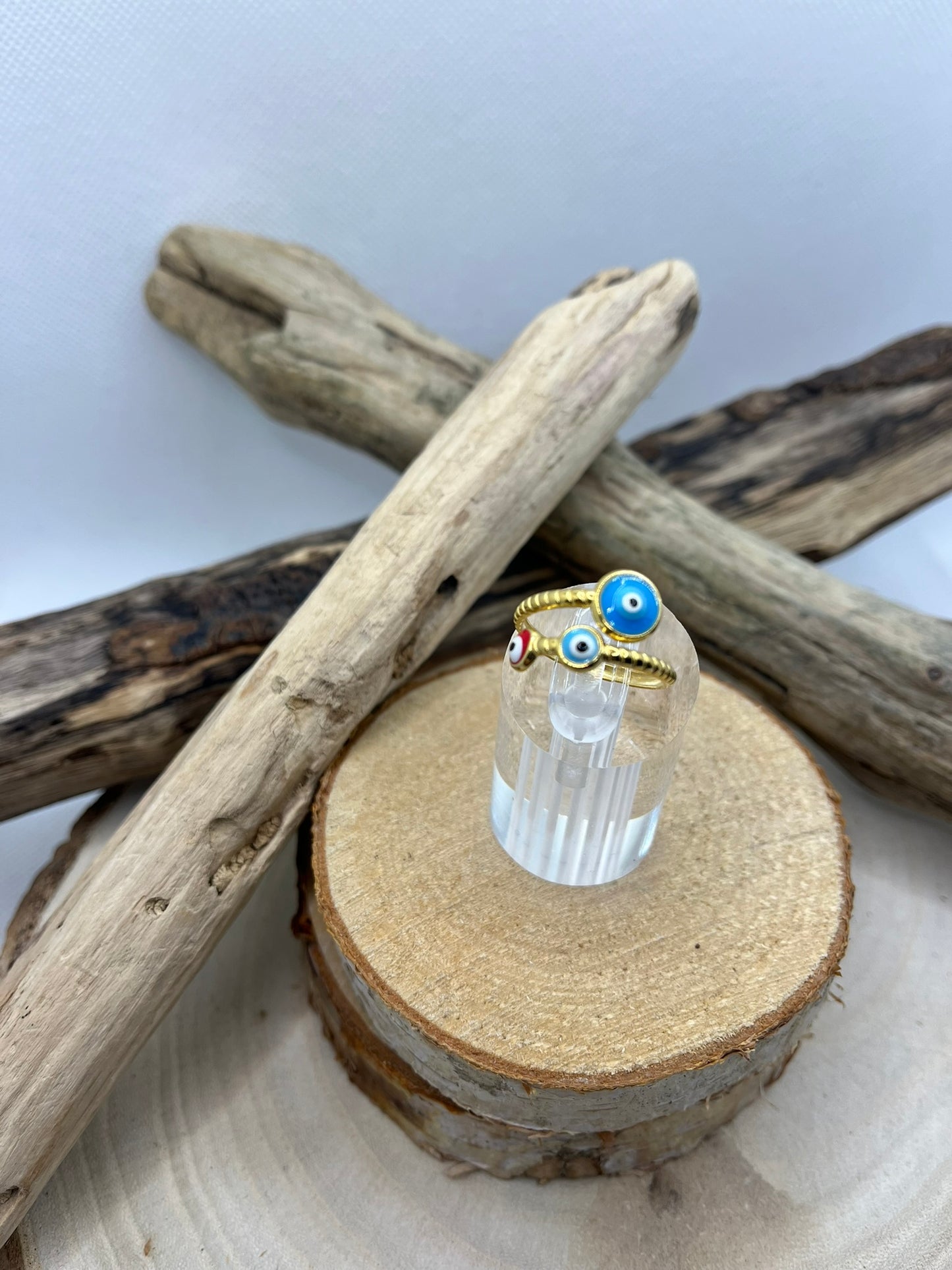 Bague Acier Inoxydable Ajustable - Oeil Rouge et Bleu