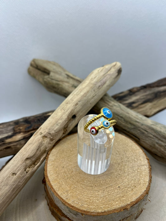 Bague Acier Inoxydable Ajustable - Oeil Rouge et Bleu
