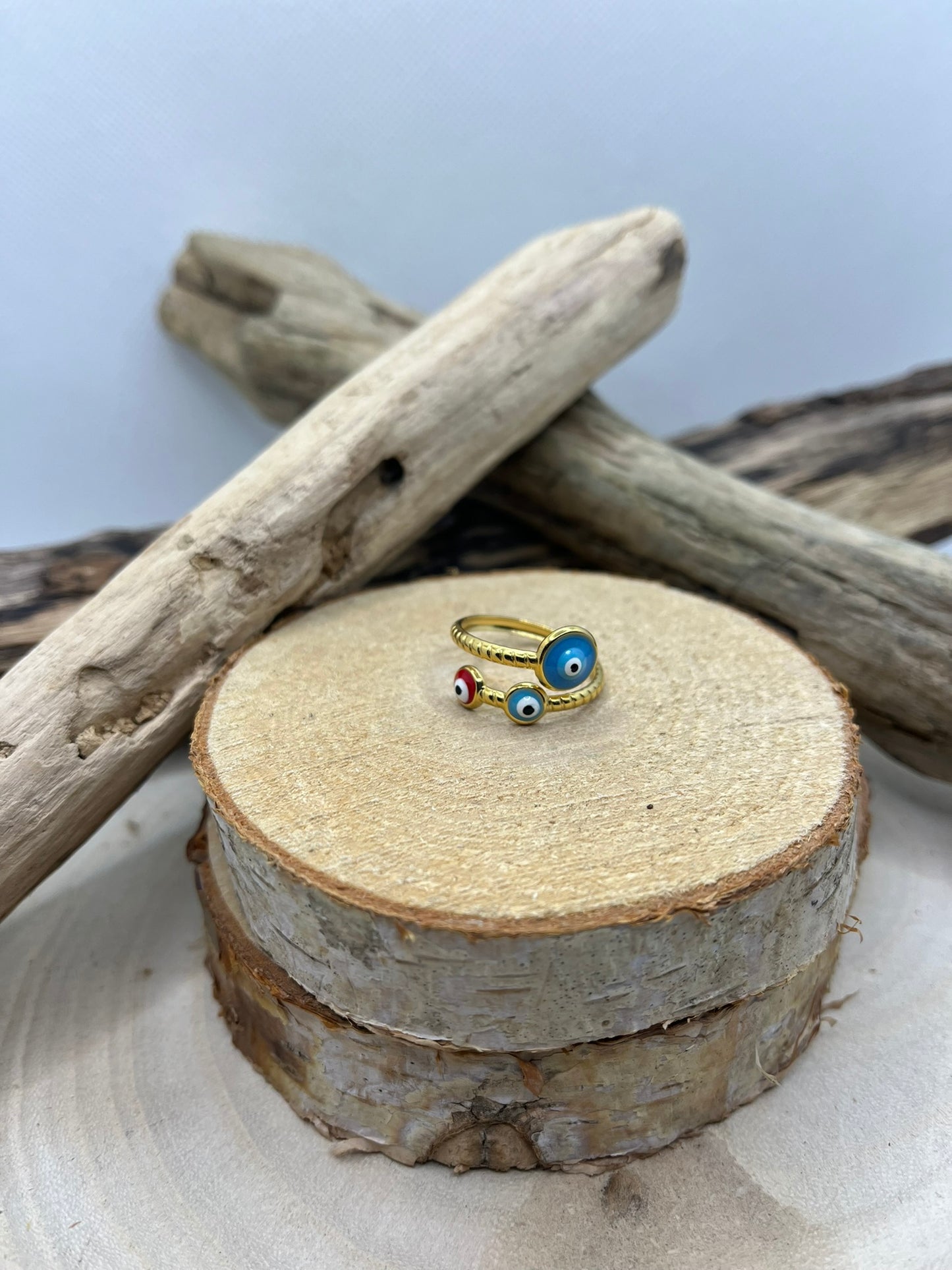 Bague Acier Inoxydable Ajustable - Oeil Rouge et Bleu