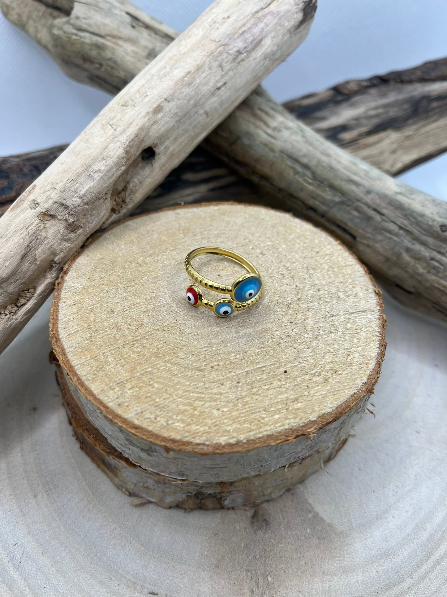 Bague Acier Inoxydable Ajustable - Oeil Rouge et Bleu