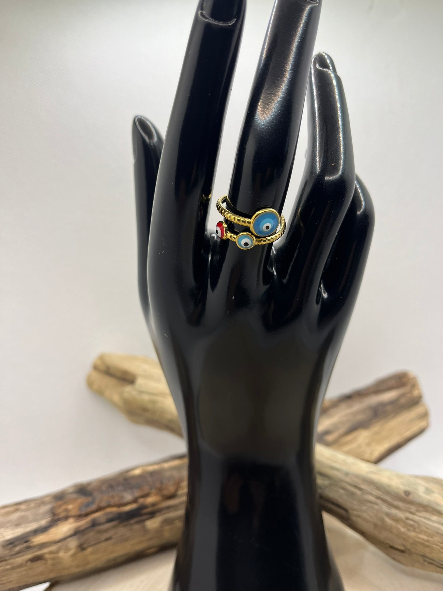 Bague Acier Inoxydable Ajustable - Oeil Rouge et Bleu