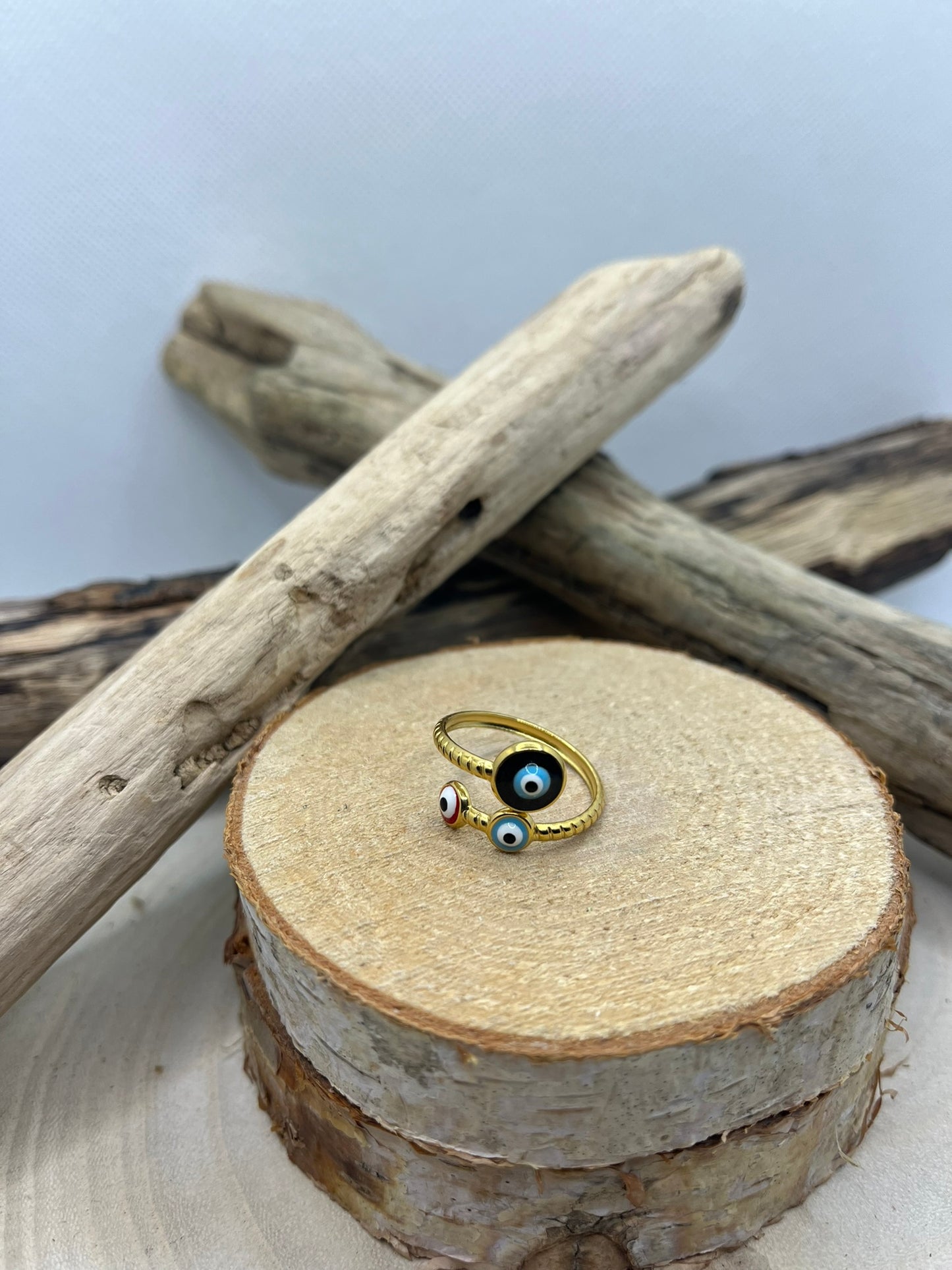 Bague Acier Inoxydable Ajustable - Perles Oeil Noir - Bleu - Rouge