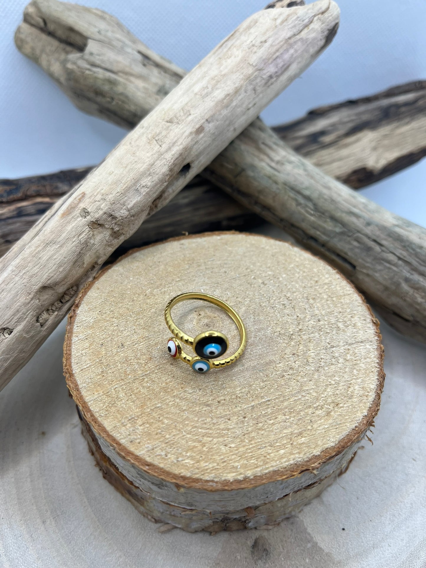 Bague Acier Inoxydable Ajustable - Perles Oeil Noir - Bleu - Rouge