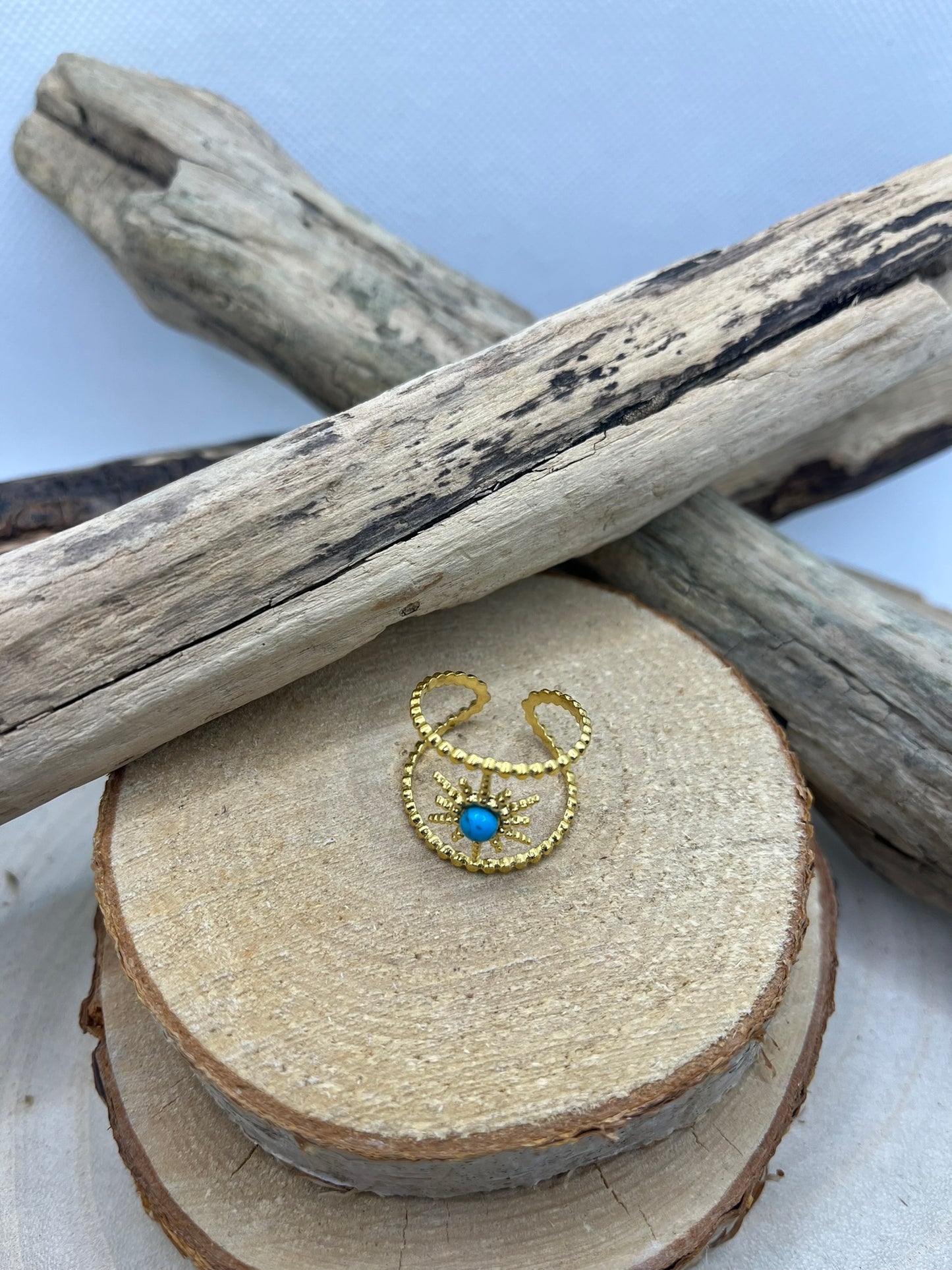 Bague Acier Inoxydable doré Ajustable - Pierre Naturelle  Turquoise