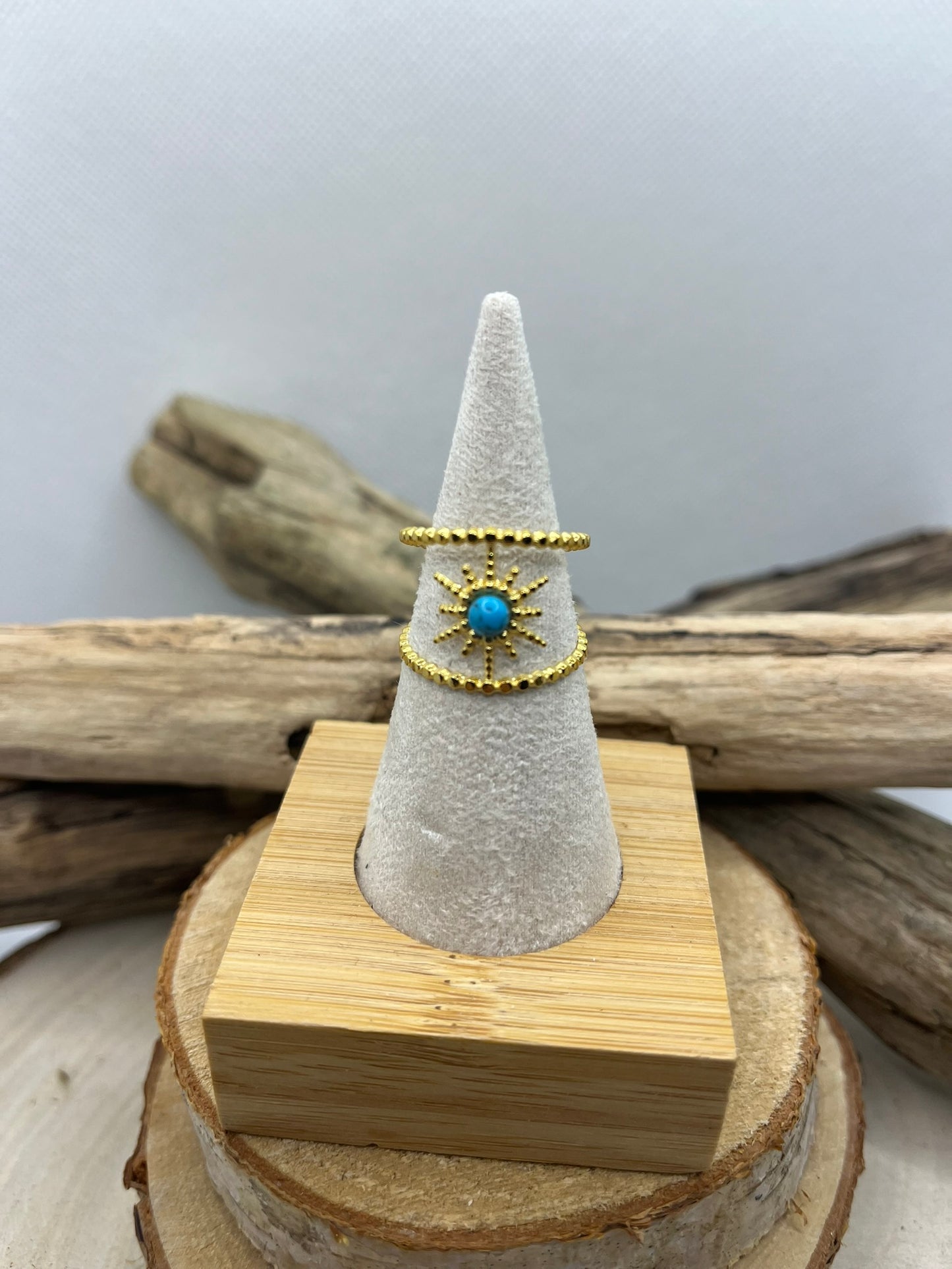 Bague Acier Inoxydable doré Ajustable - Pierre Naturelle  Turquoise
