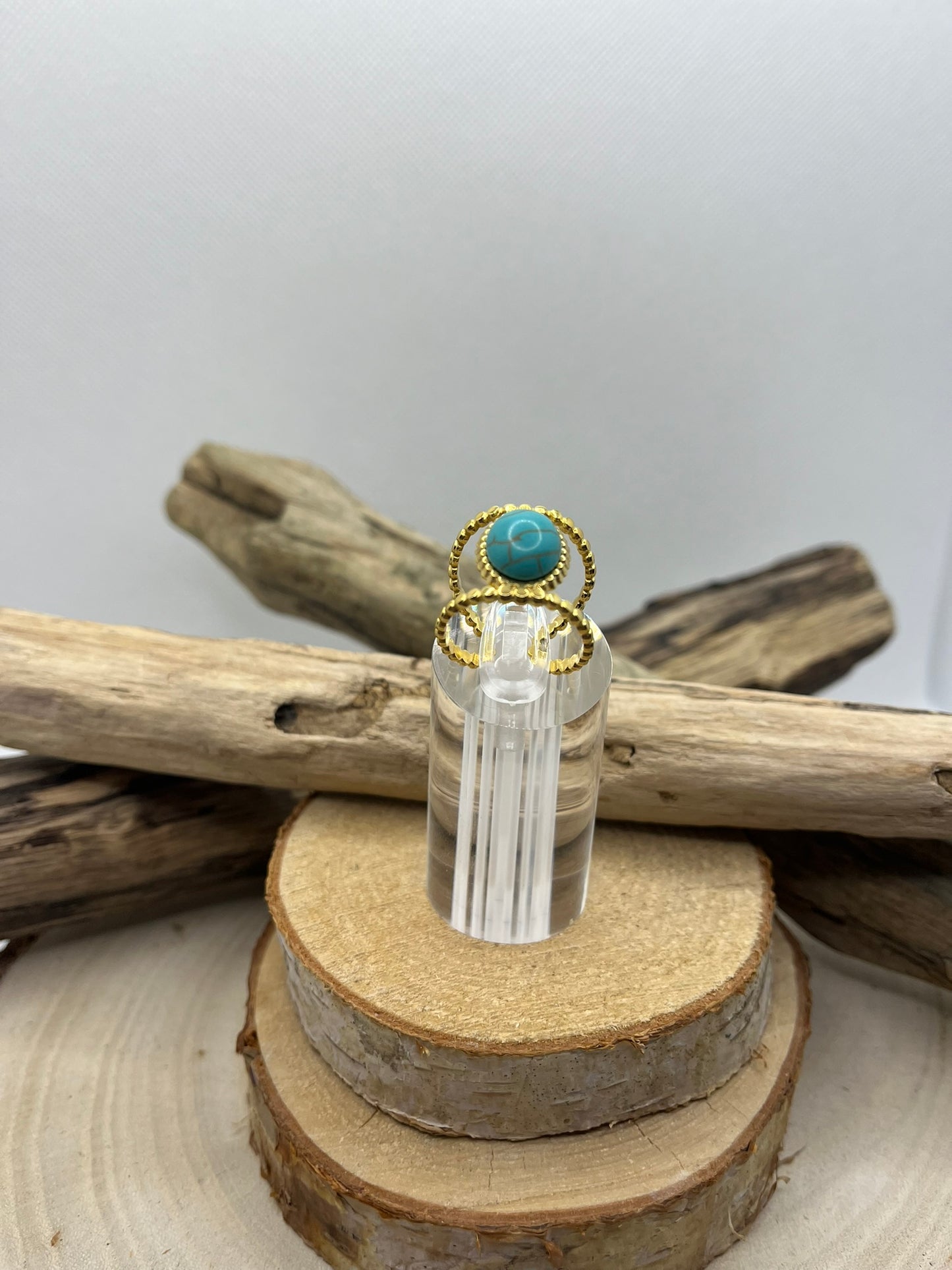 Bague Acier Inoxydable doré Ajustable - Pierre Naturelle Turquoise