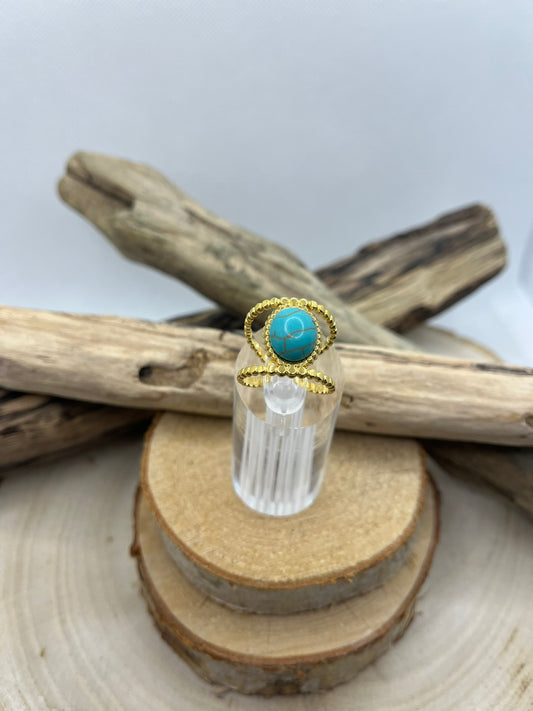 Bague Acier Inoxydable doré Ajustable - Pierre Naturelle Turquoise