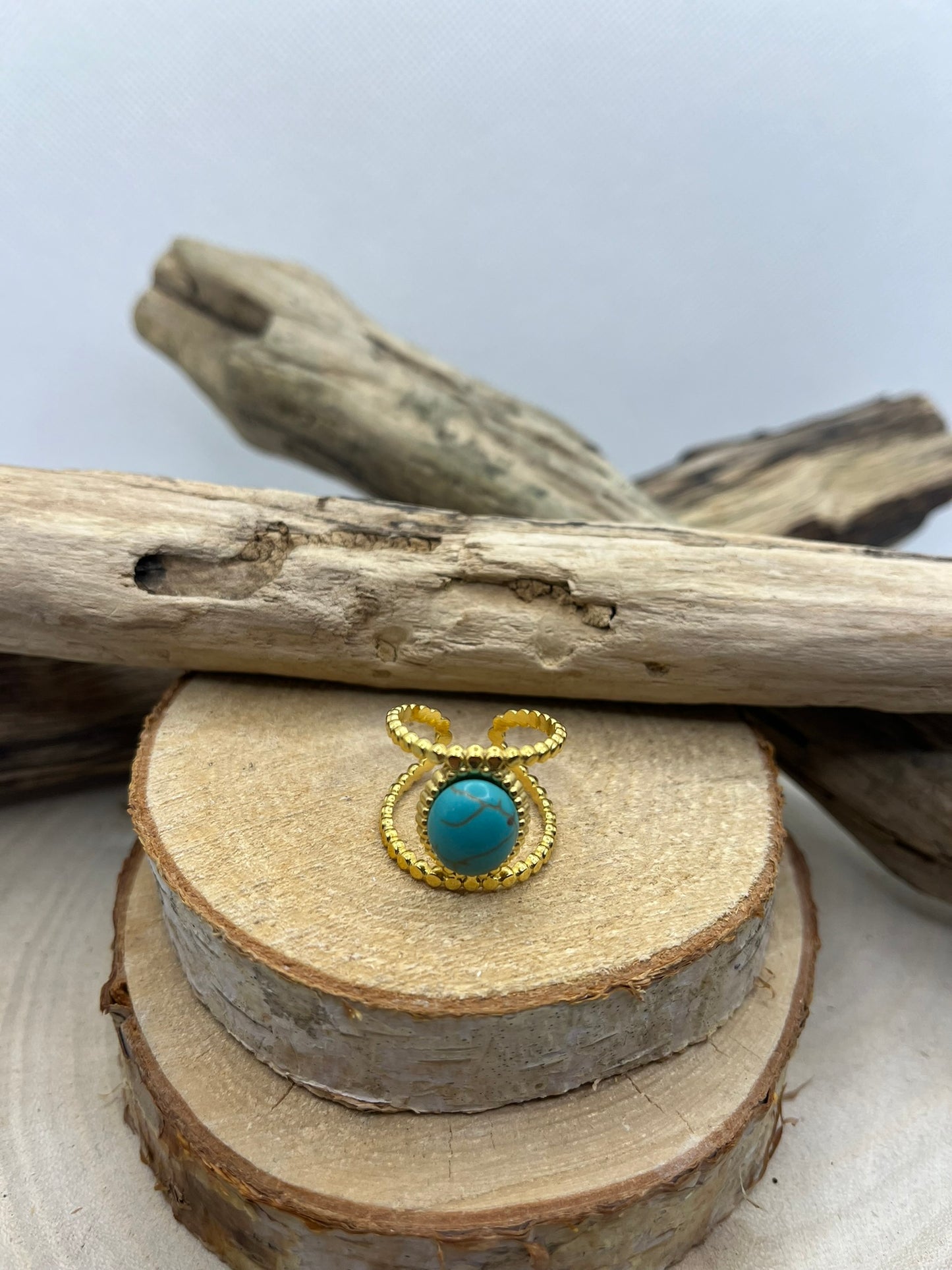 Bague Acier Inoxydable doré Ajustable - Pierre Naturelle Turquoise