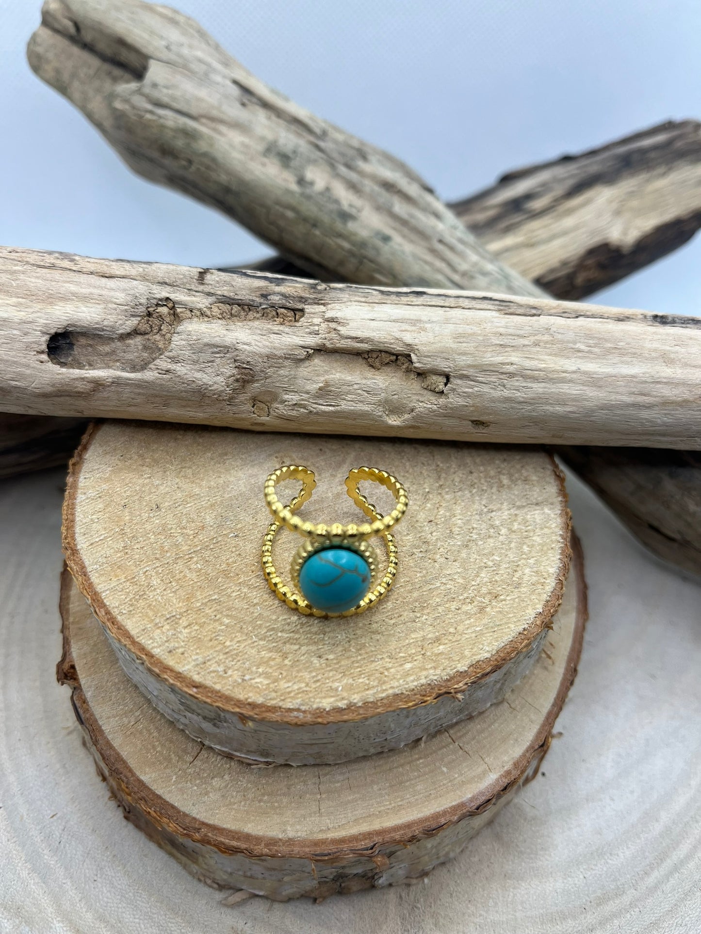 Bague Acier Inoxydable doré Ajustable - Pierre Naturelle Turquoise