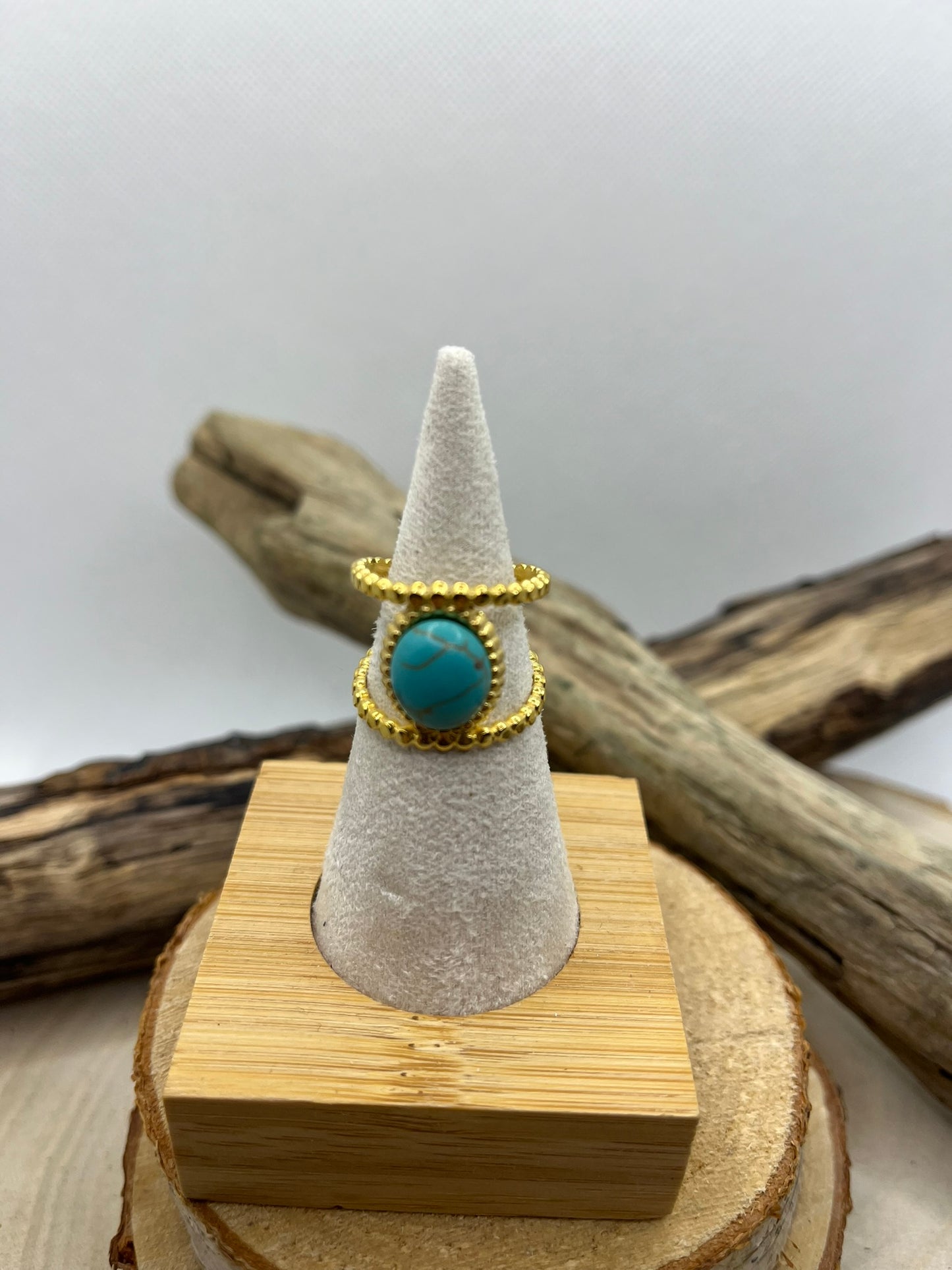 Bague Acier Inoxydable doré Ajustable - Pierre Naturelle Turquoise