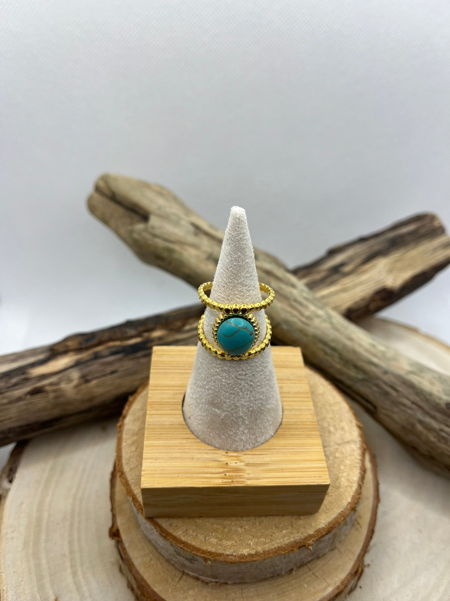 Bague Acier Inoxydable doré Ajustable - Pierre Naturelle Turquoise