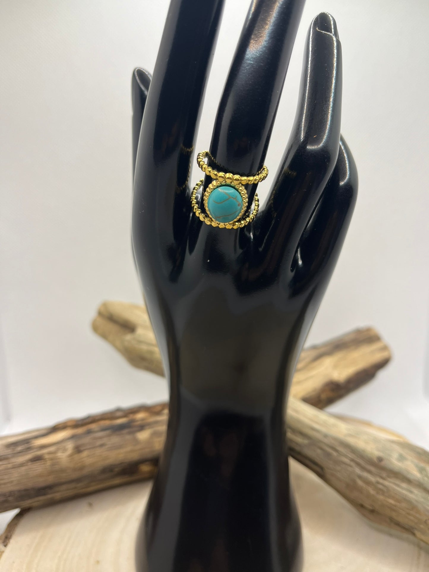 Bague Acier Inoxydable doré Ajustable - Pierre Naturelle Turquoise