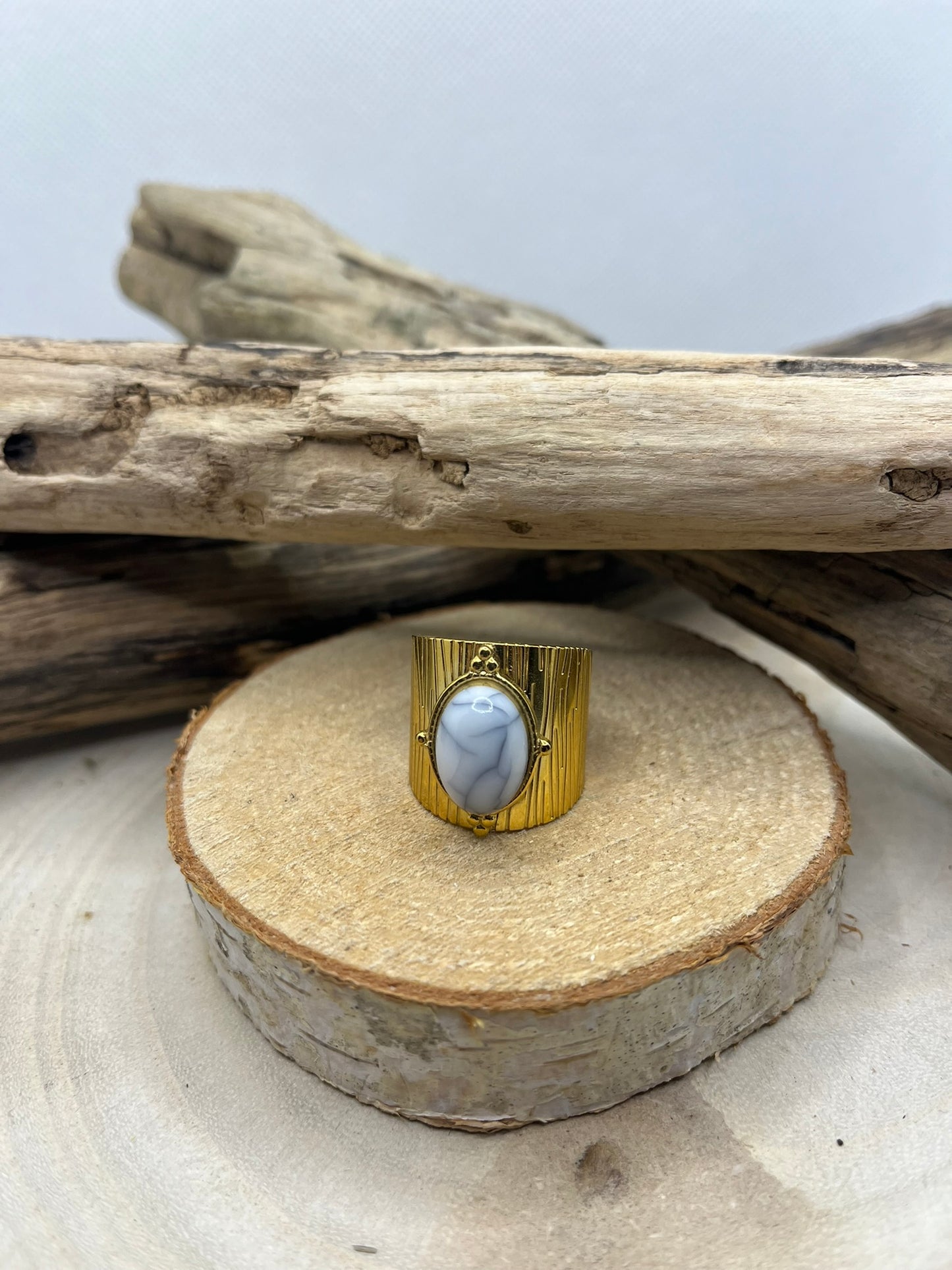 Bague Acier Inoxydable Ajustable - Pierre Howlite