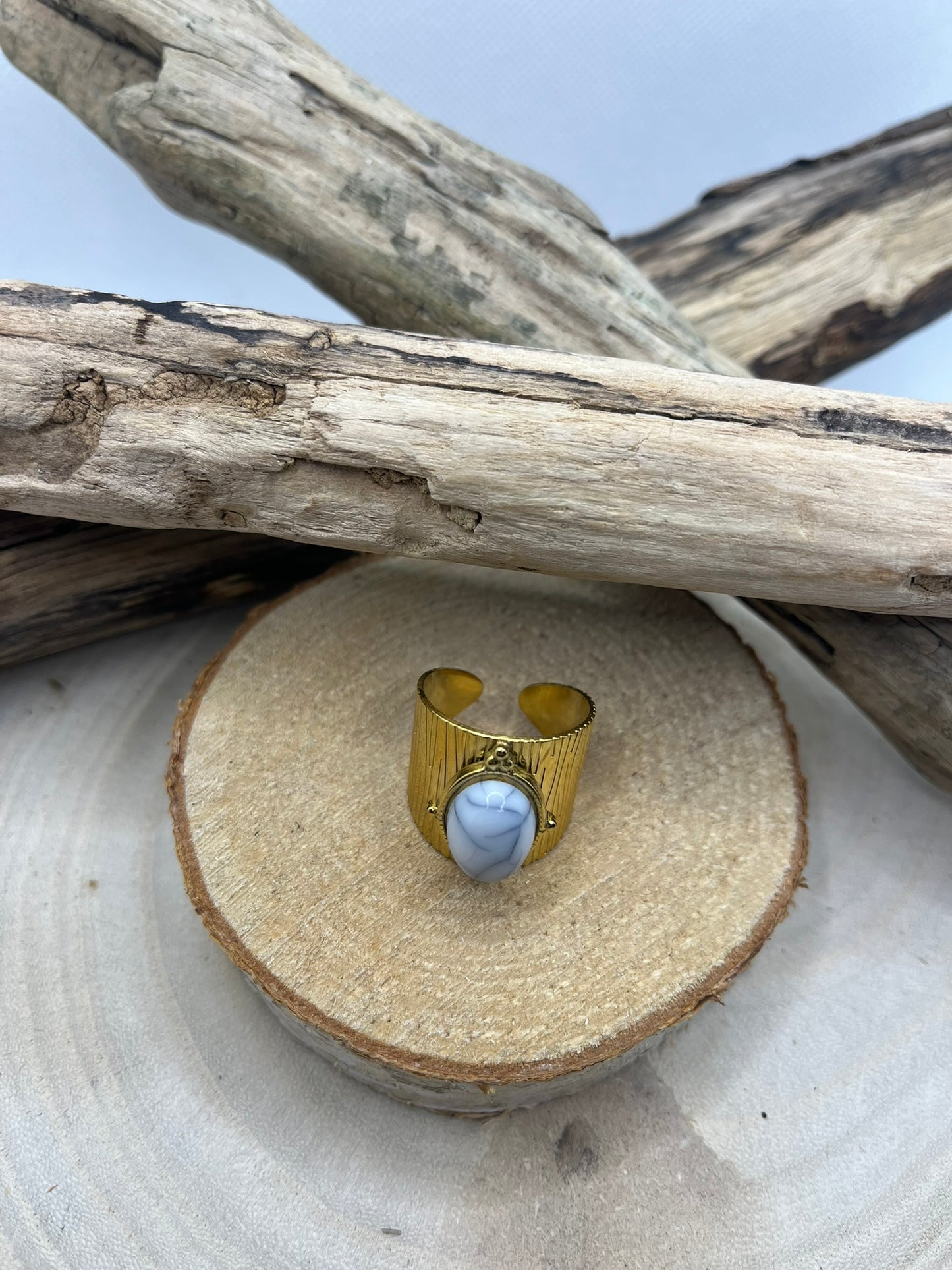 Bague Acier Inoxydable Ajustable - Pierre Howlite