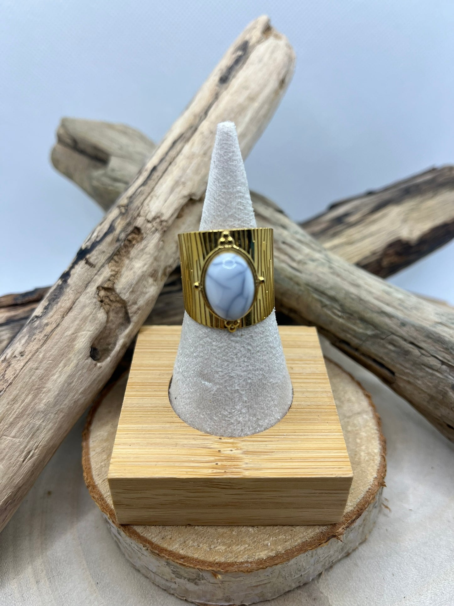 Bague Acier Inoxydable Ajustable - Pierre Howlite