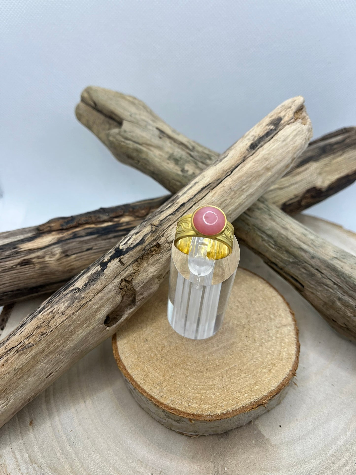 Bague Acier Inoxydable Ajustable - Pierre Naturelle Quartz Rose