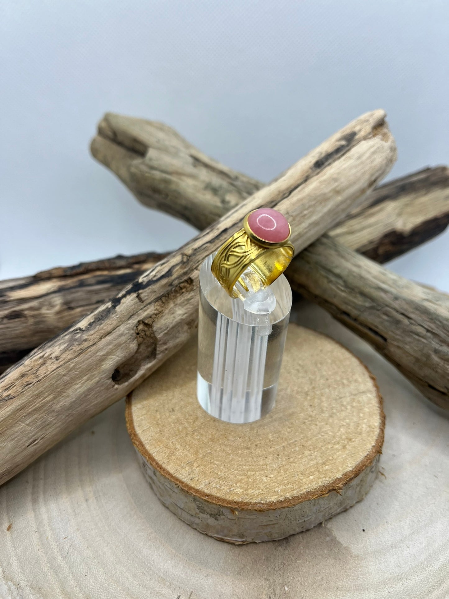 Bague Acier Inoxydable Ajustable - Pierre Naturelle Quartz Rose