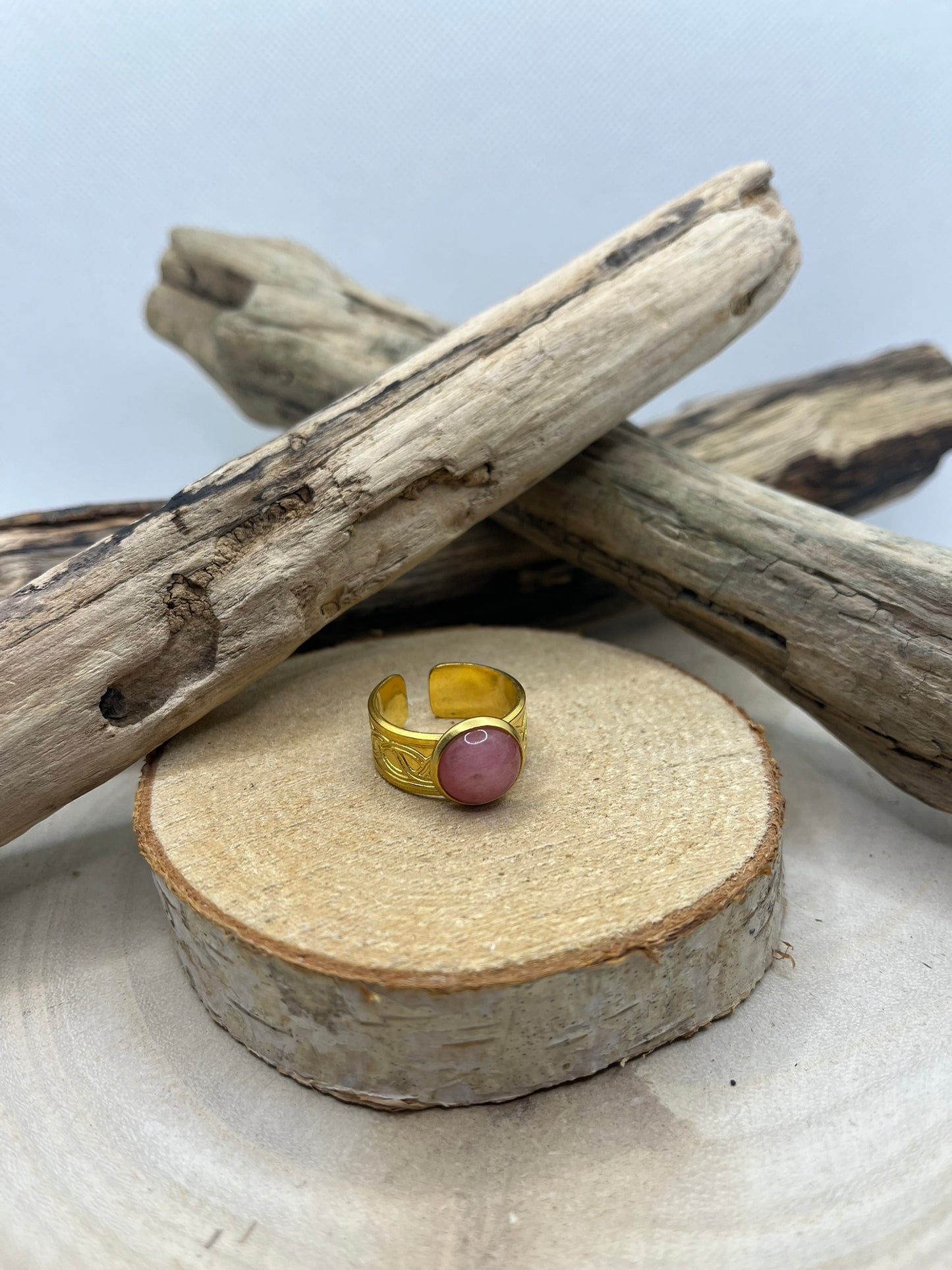 Bague Acier Inoxydable Ajustable - Pierre Naturelle Quartz Rose