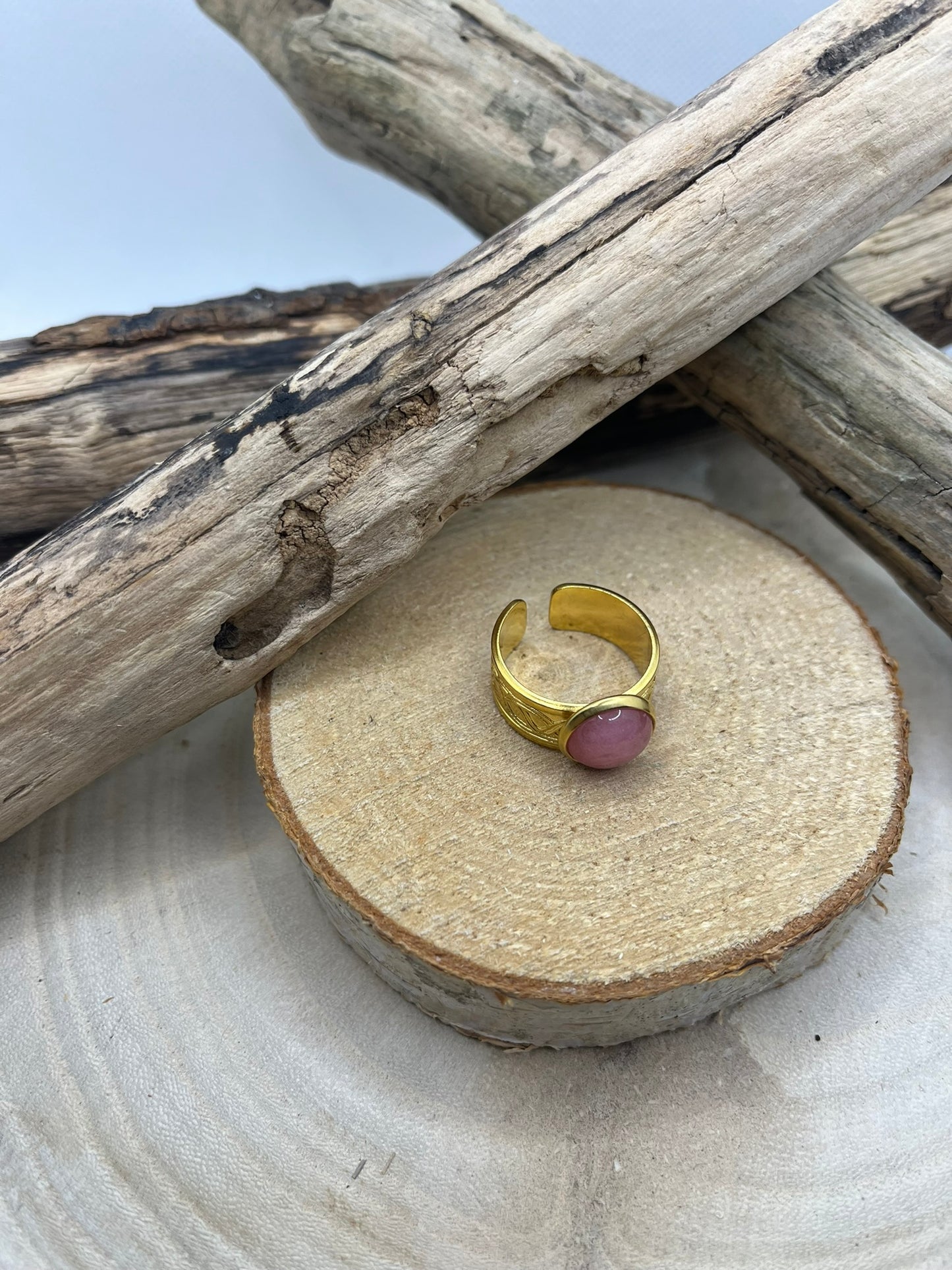 Bague Acier Inoxydable Ajustable - Pierre Naturelle Quartz Rose