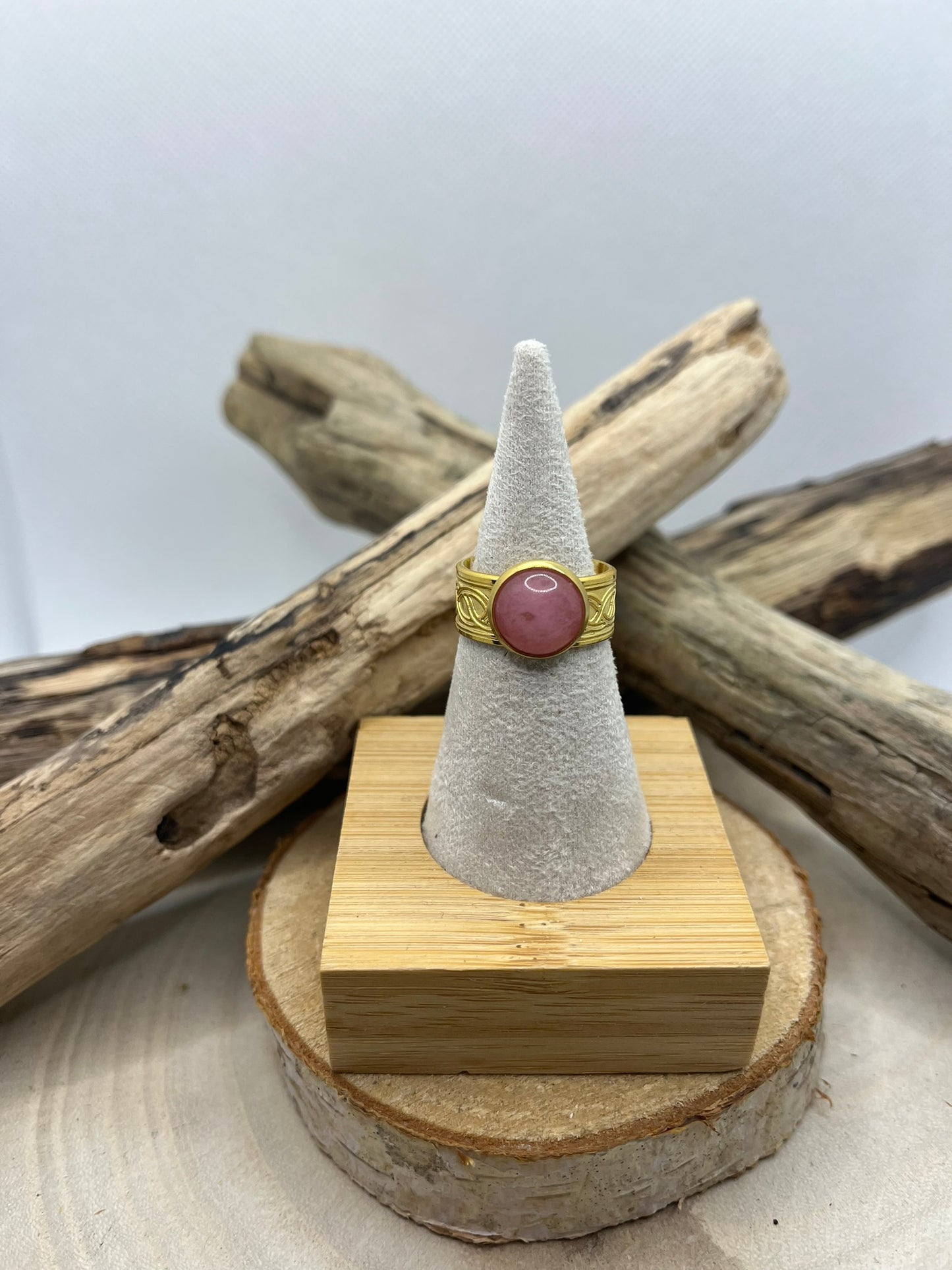Bague Acier Inoxydable Ajustable - Pierre Naturelle Quartz Rose