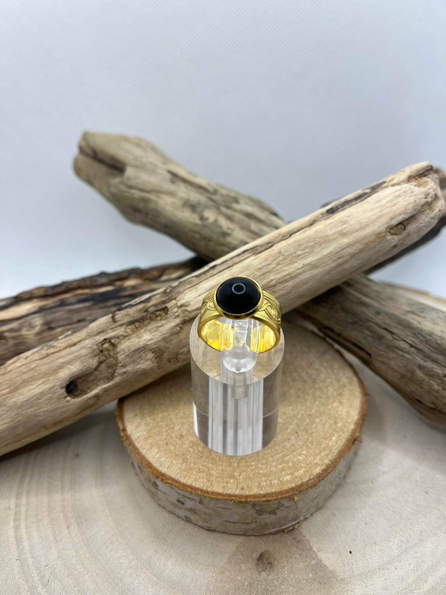 Bague Acier Inoxydable Ajustable - Pierre Naturelle Onyx