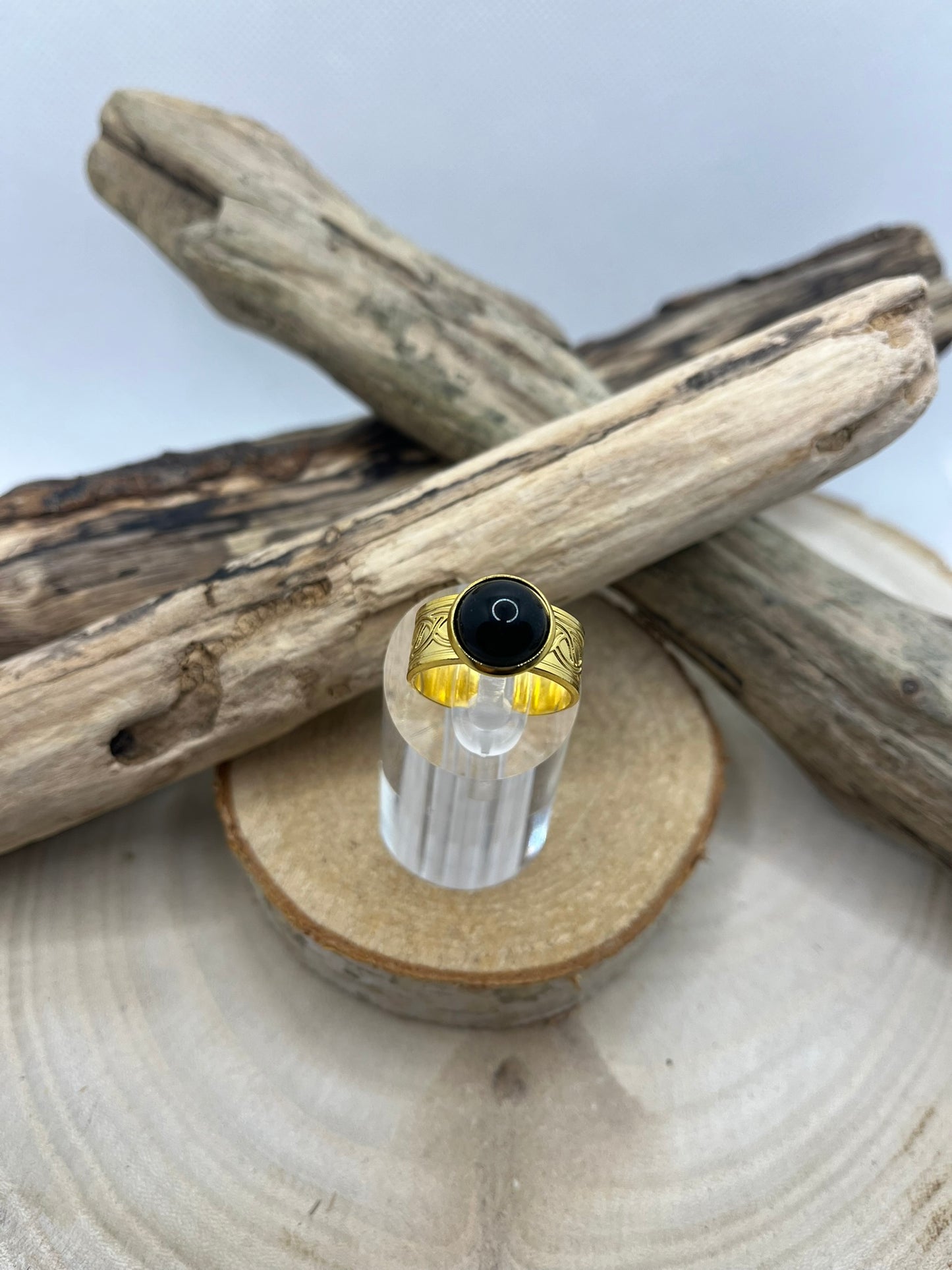 Bague Acier Inoxydable Ajustable - Pierre Naturelle Onyx