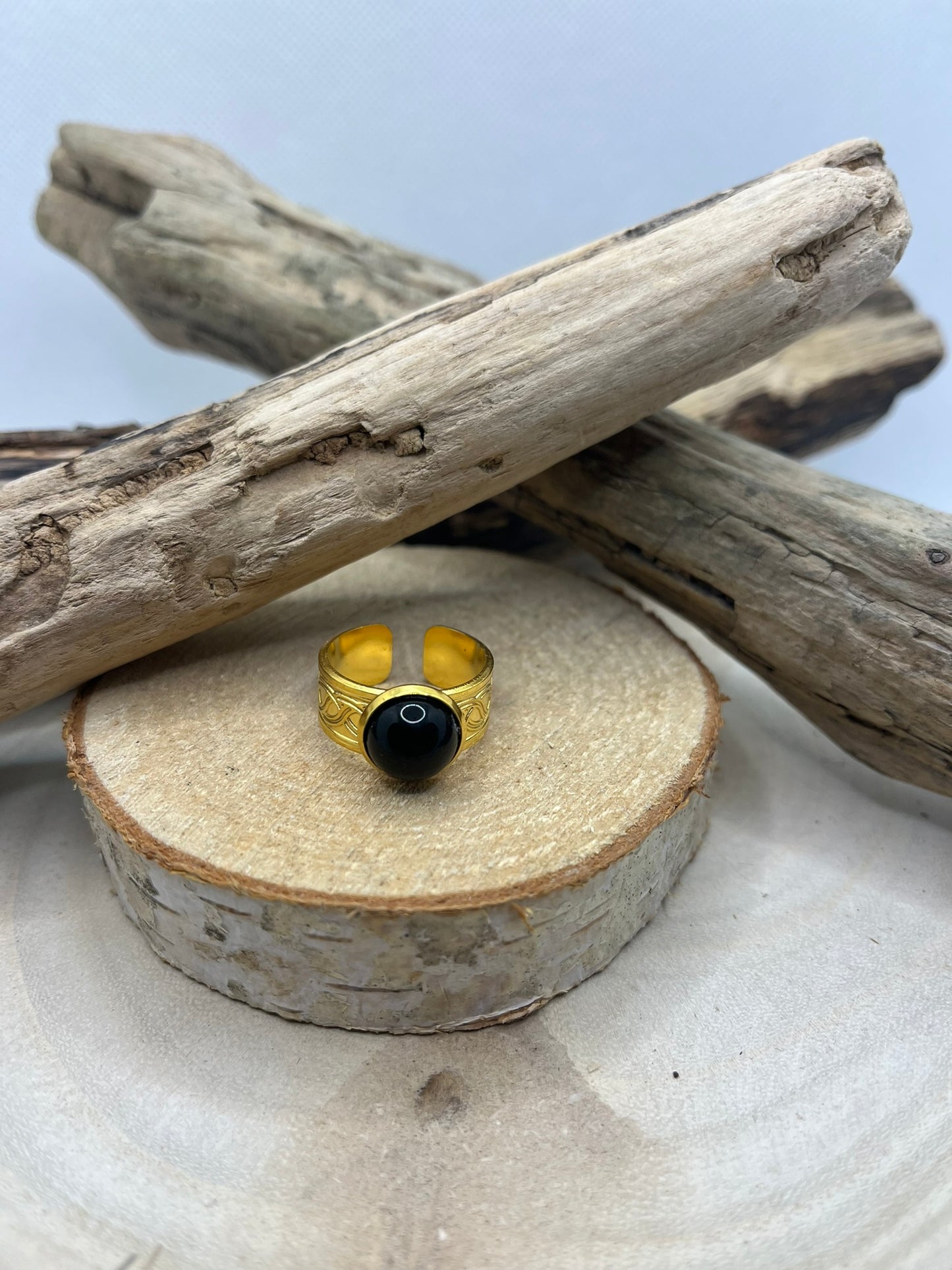 Bague Acier Inoxydable Ajustable - Pierre Naturelle Onyx