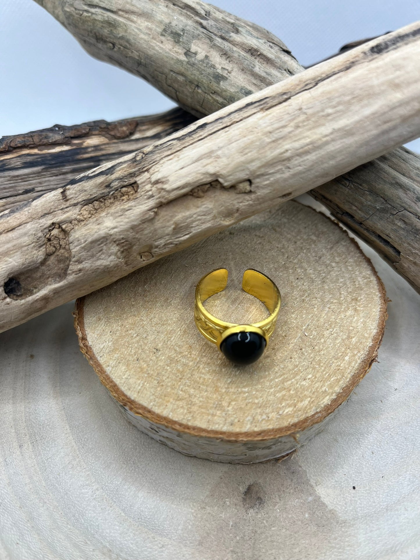 Bague Acier Inoxydable Ajustable - Pierre Naturelle Onyx