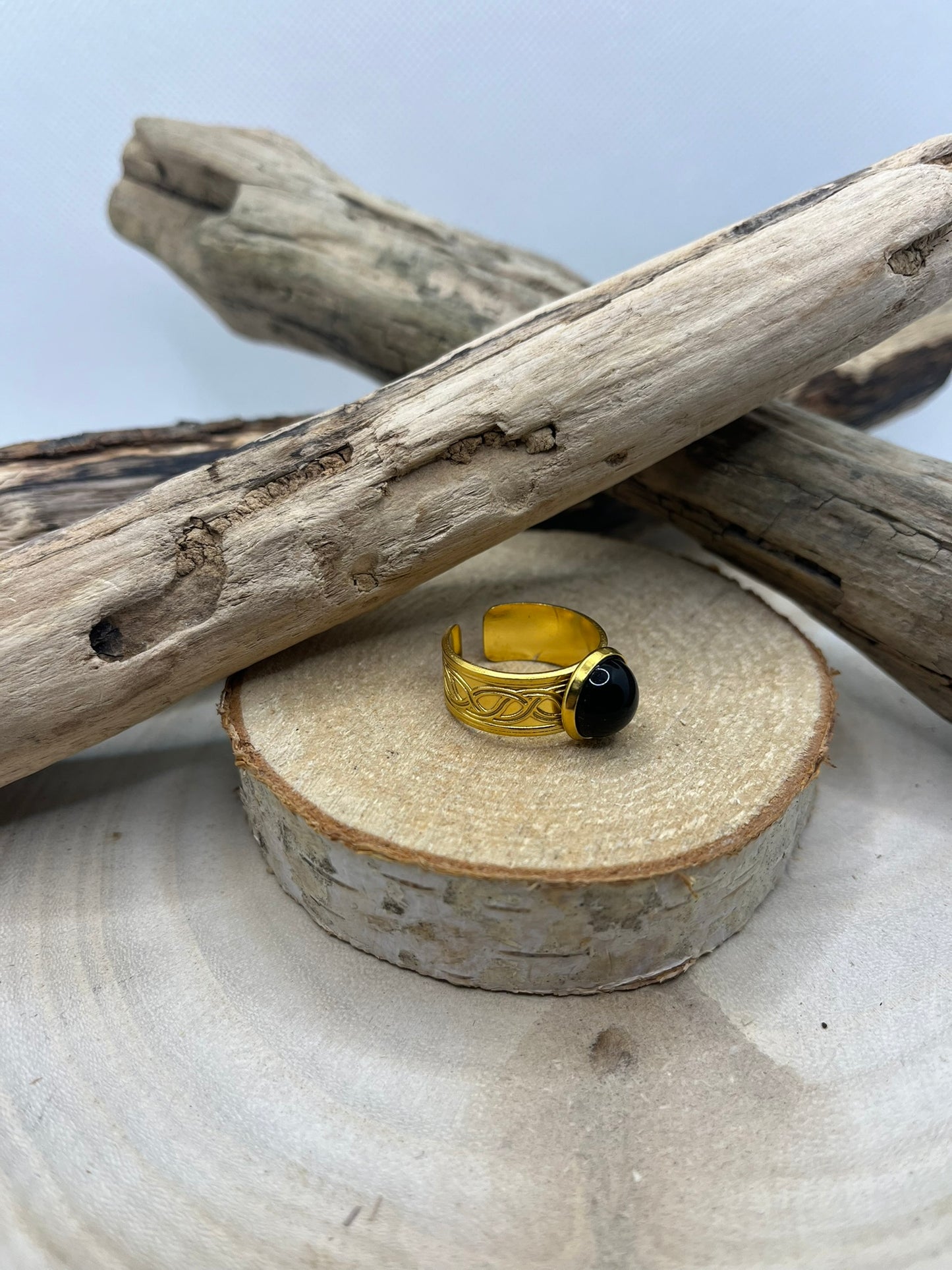 Bague Acier Inoxydable Ajustable - Pierre Naturelle Onyx